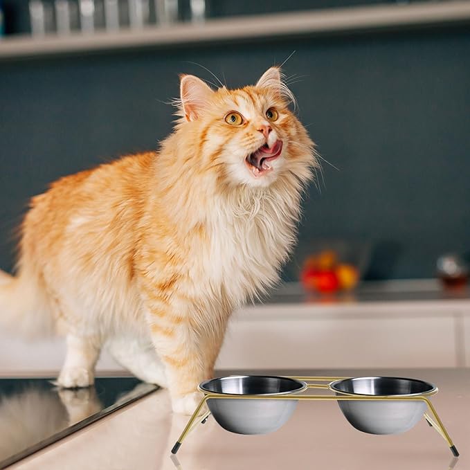 OUNONA Elevated Cat Bowl Stand Iron Feeder Bracket with Anti-Skid Base, Dual Raised Bowls for Cats and Kittens, Gold Pet Feeder Rack for Indoor Feeding and Watering