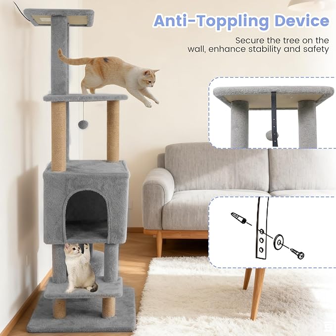 Tangkula 64 Inch Tall Cat Tree, Multi-Level Cat Tower with 2 Large Condos, Jute Scratching Posts, Plush Top Perch, Dangling Toys, Cat Climbing Furniture for Indoor Adult Cats & Kittens (Light Gray)