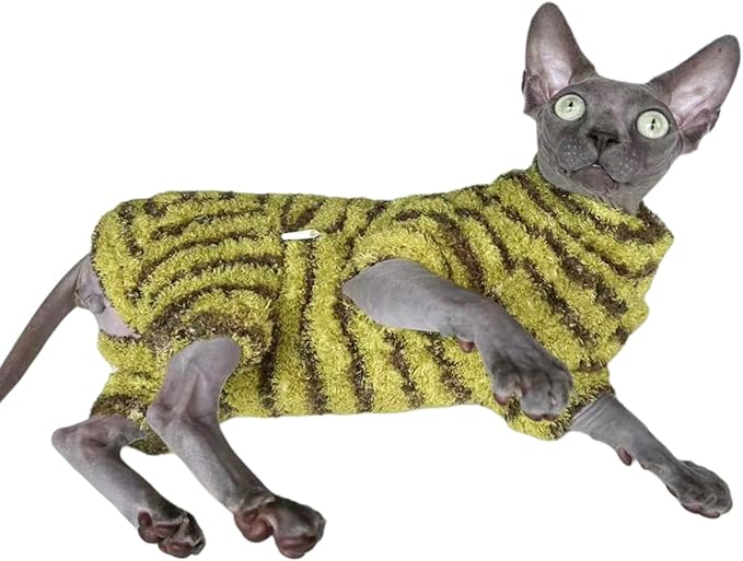 Sphynx Cat Clothes Four Leg Fleece Pajamas Super Soft Elastic Pet Clothes for Hairless Cat Surgery Recovery Suit Cat for Sphynx Devon Cornish (Green Black Stripe, Medium)