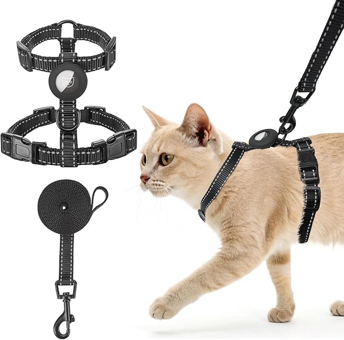 SCENEREAL Cat Harness and Leash Set Escape Proof with Airtag Holder, Reflective Pet Harnesses for Walking, Adjustable Soft Kitty Vest Outdoor Indoor, Cute Travel Boys Girls Small Large Cats, Black