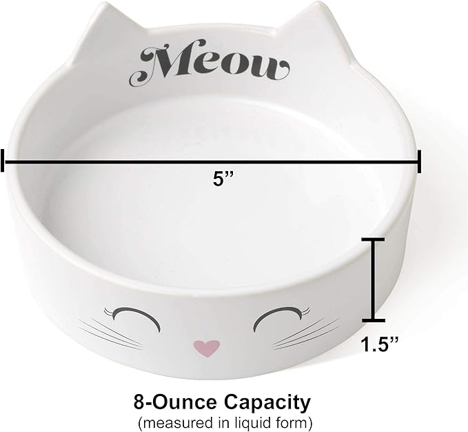PetRageous 16037 Meow Kitty Dishwasher Safe Stoneware Cat Bowl 5-Inch Diameter 1.5-Inch Tall with 1-Cup Capacity for Cats, White