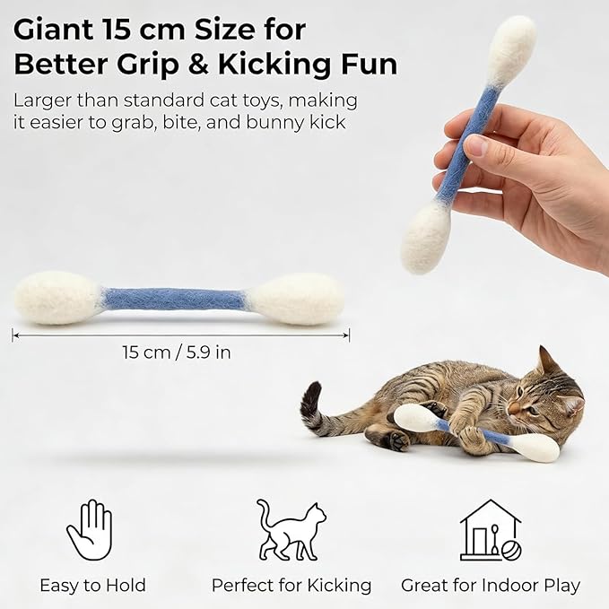 Cotton Swabs Cat with Catnip, 6 Pk Giant Kitten Chew Sticks for Indoor Boredom, Durable Dental Teething Ropes, Big Interactive Felt Kitty Kicker Play Lover Gift Accessories (Blue)