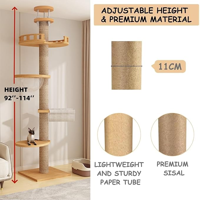 Cat Tree Floor to Ceiling,Solid Wood Height Adjustable Cat Tower,6-9.5ft Tall Cat Tree with Scratch Post for Large Cats,Aesthetic Multi-Level Cat Climbing Tree for Indoor Cat (L)