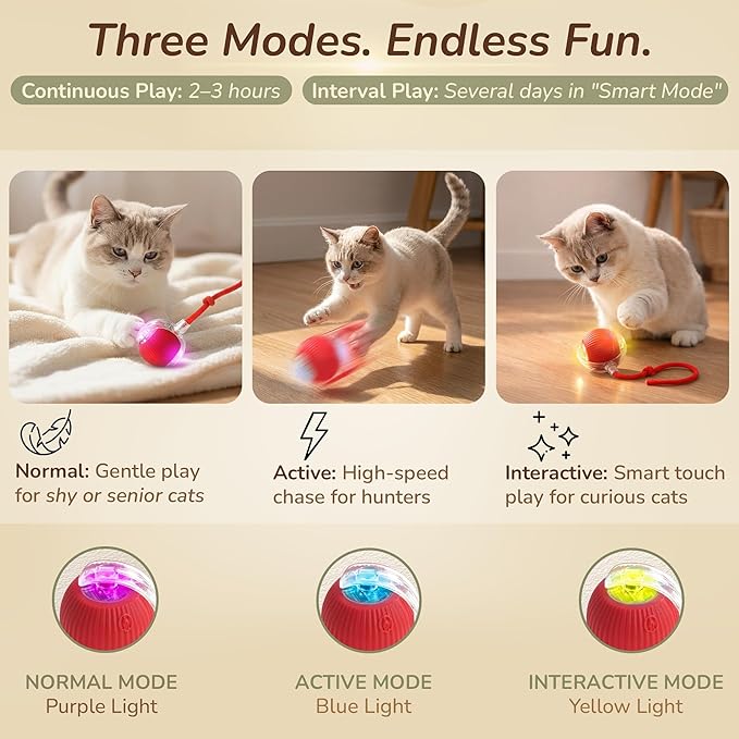 Smart Ball 2.0 - Automatic Cat Toy & Interactive Dog Toys for Small Dogs - Moving Cat Toy Ball for Indoor Cats - Motion Activated, Light Up, USB-C Rechargeable Pet Toy, 2 Speed Modes [Red]
