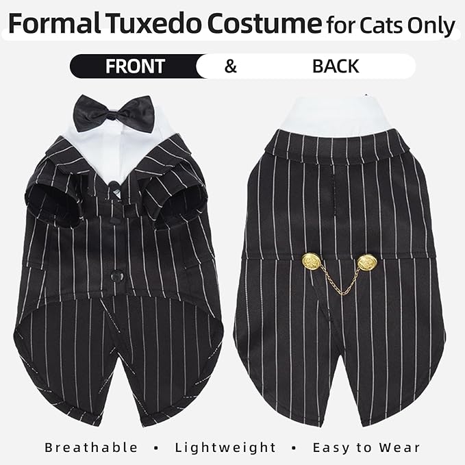 QBLEEV Cat Tuxedo Outfit, Formal Cat Suit Costume with Bow Tie, Sphynx Hairless Clothes for Cats Only, Kitten Wedding Birthday Party Attire Apparel for Male Boy, Cute Small Pet Gentleman Formal Wear