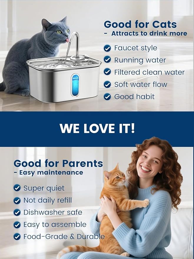Cat Water Fountain Stainless Steel for Cats Indoor 2.5L 85oz by BPA-Free SUS304, 4pcs Effective 6-Layer Filter Cat Fountain for Drinking 20dB Ultra Quiet Metal Pet Water Fountain (Fountain+4 Filters)
