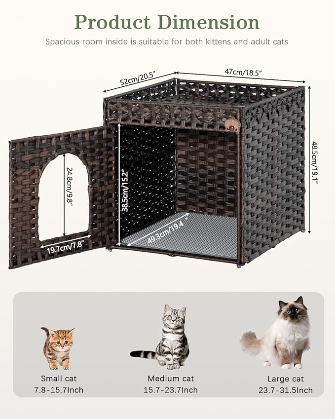 SETVSON Cat Litter Box Enclosure Furniture, Hidden Litter Box with Mat and Fence, Handwoven Rattan Cat House with Two S-Shaped Hooks for Living Room, Bedroom, 18.5 x 20.5 x 19.1 Inches (Brown)