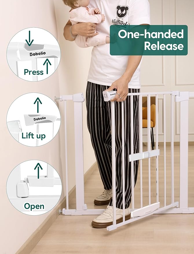 Babelio New Version Baby Gate with Cat Door Adjustable, 29-40" Metal Pet Door for Stairs & Doorways, Pressure Mounted, No Tools Needed, White