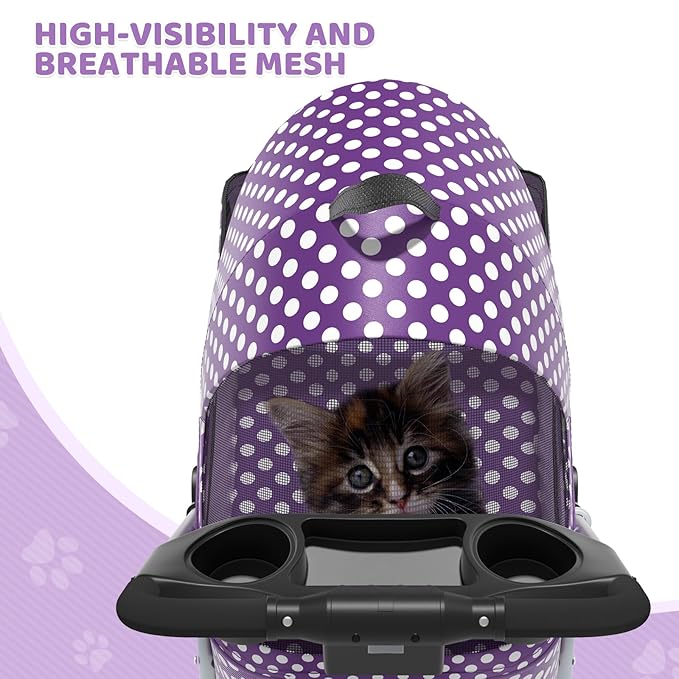 Magshion Foldable Pet Stroller, 3-in-1 Dog Travel Jogger with Detachable Carrier, Cup Holder, Storage Basket, Folding Carrier for Small/Medium Dogs & Cats Up to 33 lbs, Purple Polka Dots
