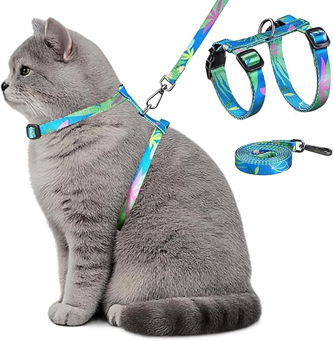 Cat Harness and Leash Set, 3-in-1 Adjustable & Lightweight, Escape Proof Cat Harness, Walking Travel Kitten Harness for Small Medium Large Cats (Hawaii Green)
