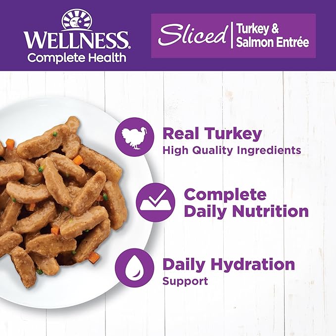 Wellness Complete Health Sliced Adult Canned Wet Cat Food, Natural, Protein Rich, Grain Free, Turkey and Salmon Dinner Recipe, 5.5 oz, Pack of 24 Cans