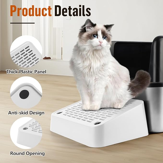 Cat Litter Box Ramp, Litter Box Step Mat with Filter Function, Cat Litter Catcher for Self-Cleaning Litter Boxes, Cats Pedal Stool Ideal for Kitten & Elderly Cats (White)