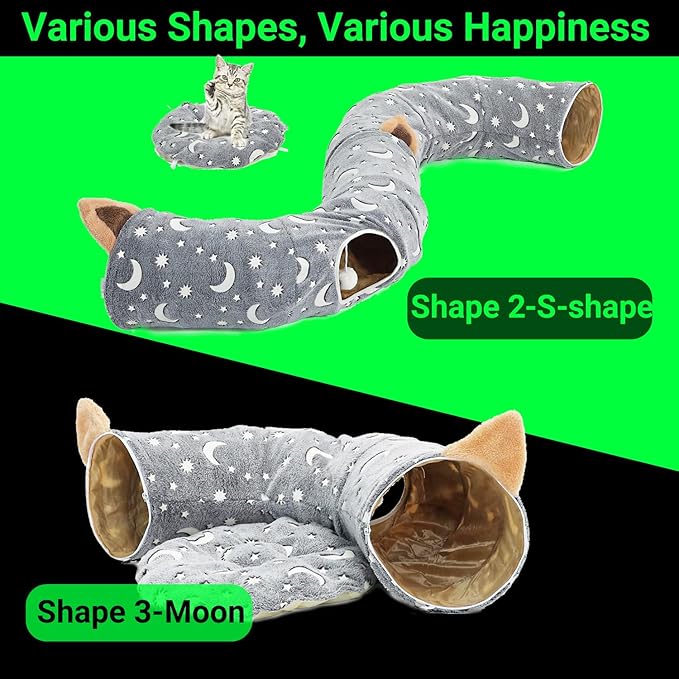 Cat Tunnel Bed Under Christmas Tree with Plush Ball Toy Playground Crinkle Collapsible Self-Luminous Flannel Fabric 3FT for Large Cats Kittens Kitty Small Animals Puppy Grey Moon Star