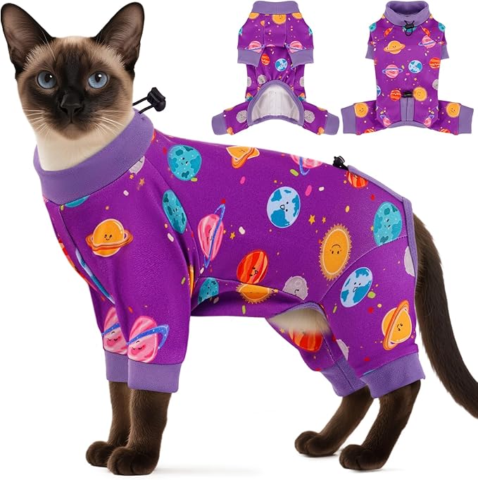 DENTRUN Cat Clothes for Hair Control with Hair Sticky Fabric - Soft Recovery Suit & Breathable Lint-Resistant Cat Sweater for Cats Only, Kitten Onesie Pajamas, L, Purple