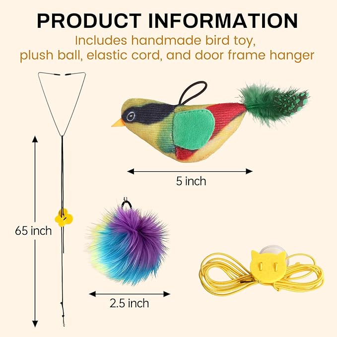 Interactive Cat Toys for Indoor Cats, Fun Self-Play Hanging Door Toy for Kitten, 2 Pack Door Hanging Bird Toy with Squeaky Sound for Bored Indoor Adult & Kitten