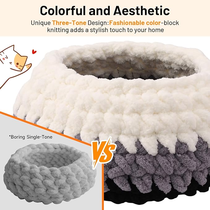 Handwoven Soft Cat Cave Bed, Indoor Cat Beds with Washable Round Nest, Kitten House & Cat Furniture, White & Gray
