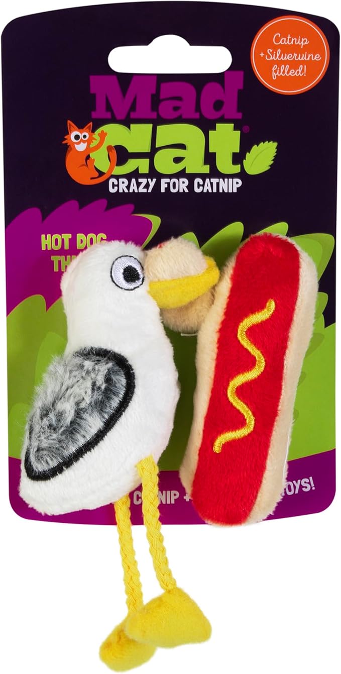 Mad Cat Catnip & Silvervine Bird Crinkle Cat Toy, Hotdog Thief, Pack of 2 | Plush Interactive Cat Toy with Realistic Sounds | Ideal for Tossing, Batting, Kicking, and Cuddling for All Cats