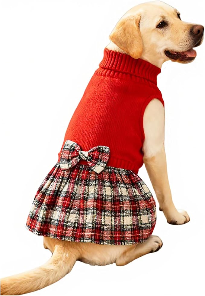 Lanyarco Burgundy Red Knitted Dog Sweater Dress, Plaid Dog Winter Clothes for Dogs Girl, Dachshund Doggy Pet Apparel, Red, Large (L)