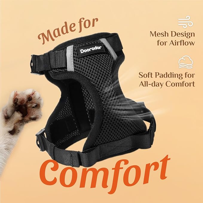 Dooradar Cat Harness and Leash Set, Escape Proof Soft with 3 Adjustable Buckles, Comfortable Vest Easy to Wear Kitten Harness with Reflective Strip, Safe for Outdoor Walking, Black, XS