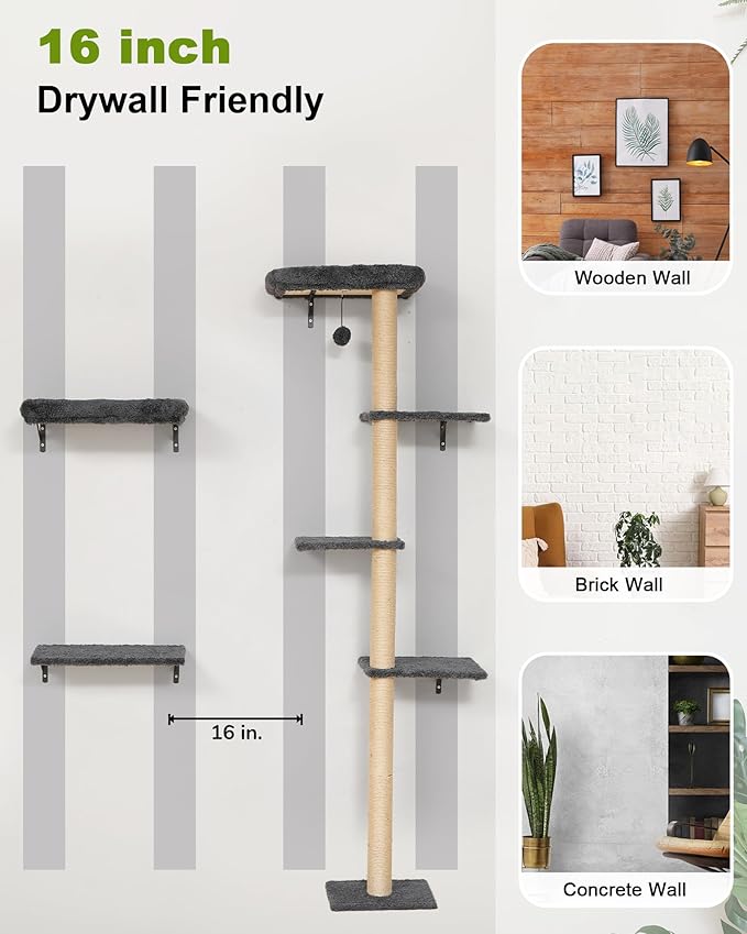 FUKUMARU Cat Wall Shelves Set, 70 Inch Stable Wall Mounted Tree, Kitten Scratching Post with Soft Cushion Perch, Space Saving Climbing Wall Furniture for 16 Inch Drywall - Gray