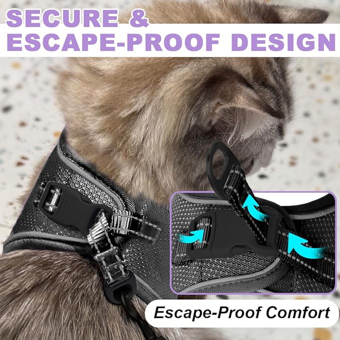Cat Harness and Leash Set,Escape Proof Kitten Harness,Step in Adjustable Soft Lightweight,Easy Control,Reflective Strips Comfortable for Walking Travel(Black,XS)