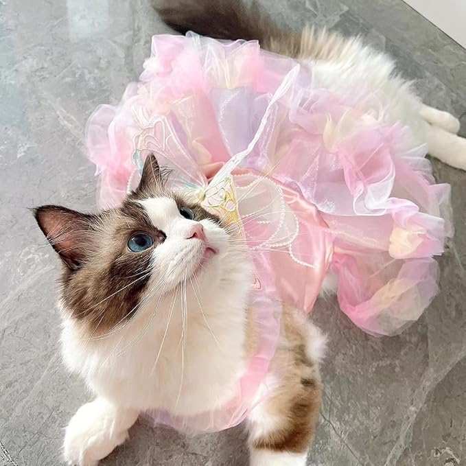 Dog Cute Rainbow Butterfly Dresses Cat Princess Dresses Pet Wedding Dresses Suitable for Corgis Teddy Dogs French Bulldog (Ribbon Butterfly Skirt,S)