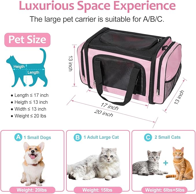 Discala Large Cat Carrier for 2 Cats, Pet Carrier, Dog Carrier for Small Dogs, Cat Carrier Soft, Collapsible Large Pet Carrier for Traveling Indoor and Outdoor Uses - Pink 23"x13"x13"