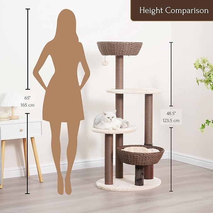 PetPals 49" High 5-Level Large Cat Tree with Replaceable Recycled Paper Rope Scratching Posts, Plush Cushions, Handwoven Basket and nest for Multi Cats, Brown and Beige