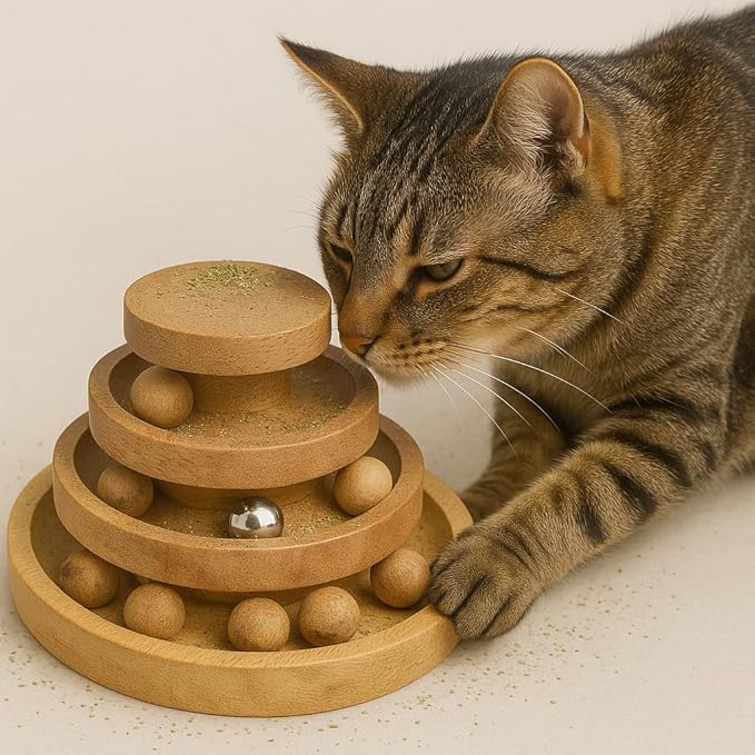 Interactive Cat Toy Tower with Balls & Bell – 3 Tier Track Ball Toy for Indoor Cats & Kittens – Wooden Cat Enrichment Toy for Bored Cats, Exercise & Mental Stimulation 8 x 8 x 4 Inches