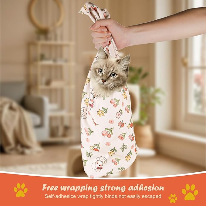 Cat Wrap for Cutting Nails and Grooming,Cat Restraint Wrap for Nail Clipping,Self-Adhesive Fabric Cat Swaddle Burrito Wrap for Nail Trimming (Rabbit Style)