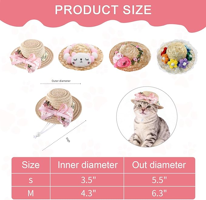 NACOCO Cat Hat Sunflower Straw Hat Handcrafted Rose Lovely Sun Cap Accessories for Small Dogs and Cats Photograph (M, Pink Flower Fairy)