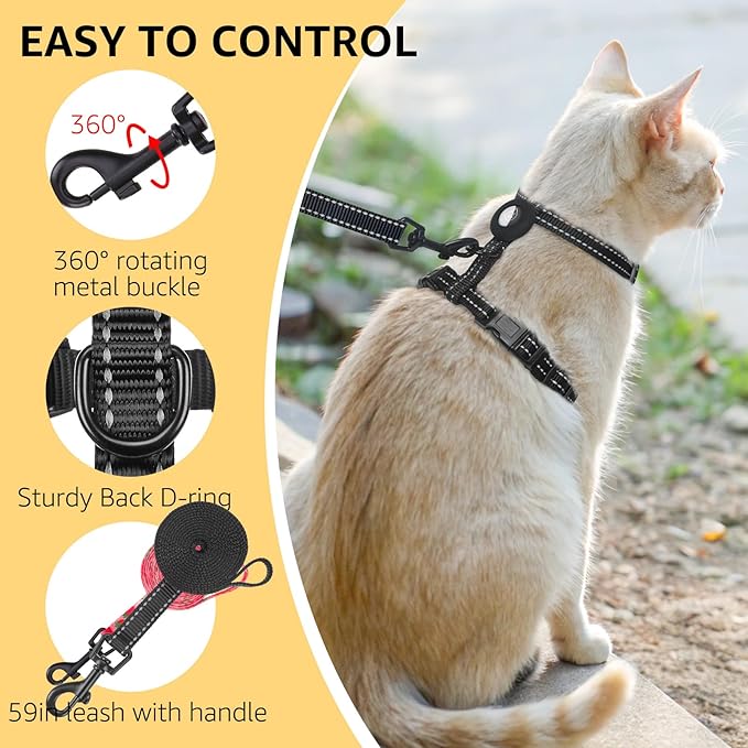 SCENEREAL Cat Harness and Leash Set Escape Proof with Airtag Holder, Reflective Pet Harnesses for Walking, Adjustable Soft Kitty Vest Outdoor Indoor, Cute Travel Boys Girls Small Large Cats, Black