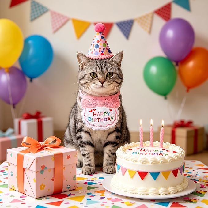 Pink Cat Birthday Hats for Cats with Number Bandana Pet Kitten Birthday Party Supplies Cats Decorations Outfits for Kittens Small Dogs
