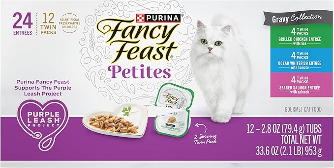 Purina Fancy Feast Gourmet Wet Cat Food Variety Pack, Petites Gravy Collection, break-apart tubs, 24 servings - (Pack of 12) 2.8 oz. Tubs