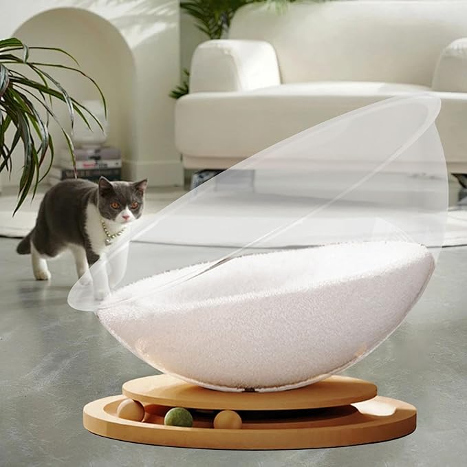 Semi Capsule Cat Bed with Bead Turntable Toy, All-Seasons Indoor Outdoor Pet Sleeping Nest, Easy Cleaning Stable Cat Furniture- Wood with mat S