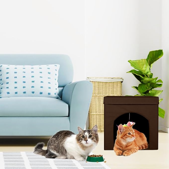 ShellKingdom Collapsible Cat House, Foldable Kitty Cat Cube and Cat Cave with Bed, Colorful Cat Stool Condo for Indoor Cats Gifts, 13 x 13 x 13 inches (Brown)