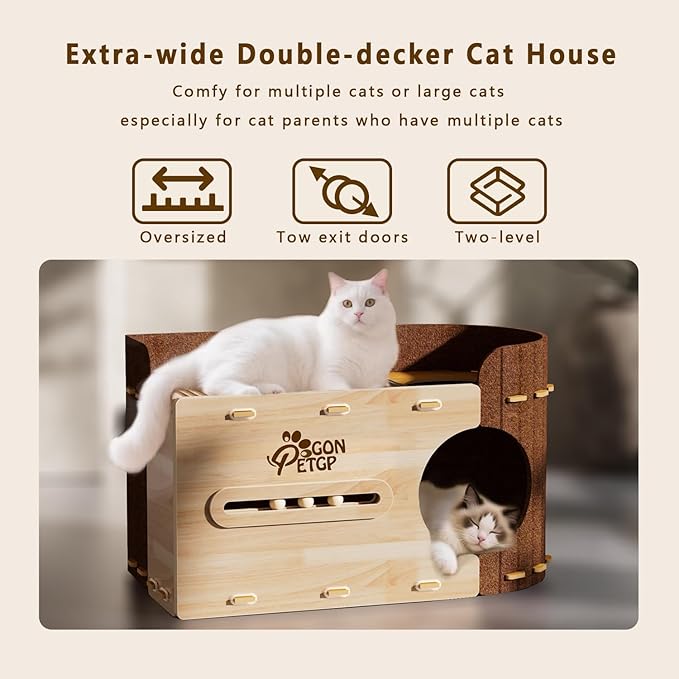 GONPETGP Large Cat Beds for Indoor Cats, Extra Wide Cat House Cave with Scratch Pad Wooden Play Ball, Foldable Felt Kittens Hideaway Condo for Multiple Small Pets