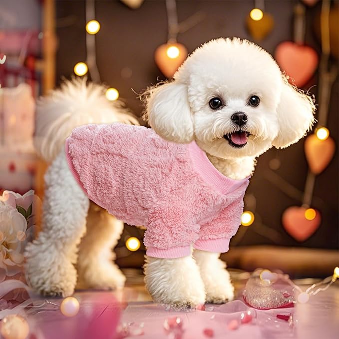 Topbuti Dog Sweater Heart Puppy Sweaters for Small Dogs and Cats, Warm Soft Flannel Pet Holiday Clothes Cat Coat for Winter Christmas Valentines (Pink, Large)