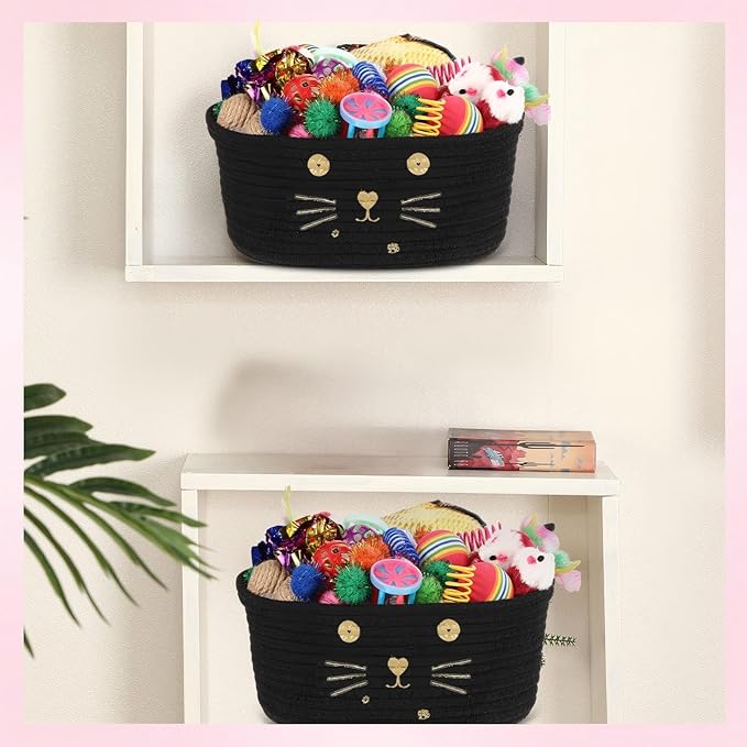 Zopeal 58 Pcs Summer Graduation Cat Storage Basket Gift Toys Set, Colorful Flashing Balls Pet Bell Crinkle Balls Spring Toys Attract Cat to Swat, Hunt, Interactive for Pet(Black,9.8 Inch)