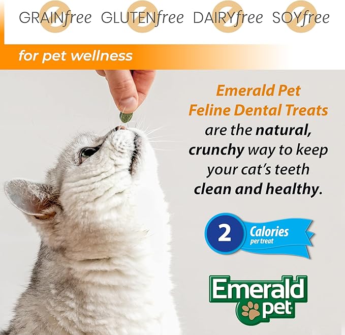 Emerald Pet Grain-Free Cat Dental Treats with Salmon – Crunchy Natural Dental Treats for Cats to Clean Teeth, Freshen Breath, and Reduce Plaque & Tartar – 11 oz Tub