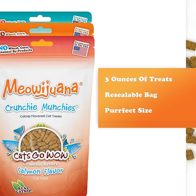 Meowijuana Crunchie Munchie Catnip Treats | Salmon, Seafood, Chicken Trio | Made with Organic Catnip | Produced in The USA | Low Calorie Cat Snack