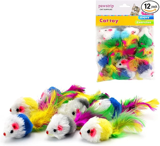 Cat Mouse Toys 12 Pcs Rattle Mice for Indoor Cats Furry Feather Fake Mouse Kitten Interactive Play Squeaky Fur Mice Cat Toy Funny Kitty Tracking Game with Rattling Sounds