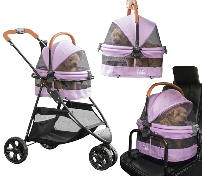 Pet Gear 3-in-1 Travel System, View 360 Stroller Converts to Carrier and Booster Seat with Easy Click N Go Technology, for Small Dogs & Cats, 4 Colors, Bright Lilac- 3 Wheel