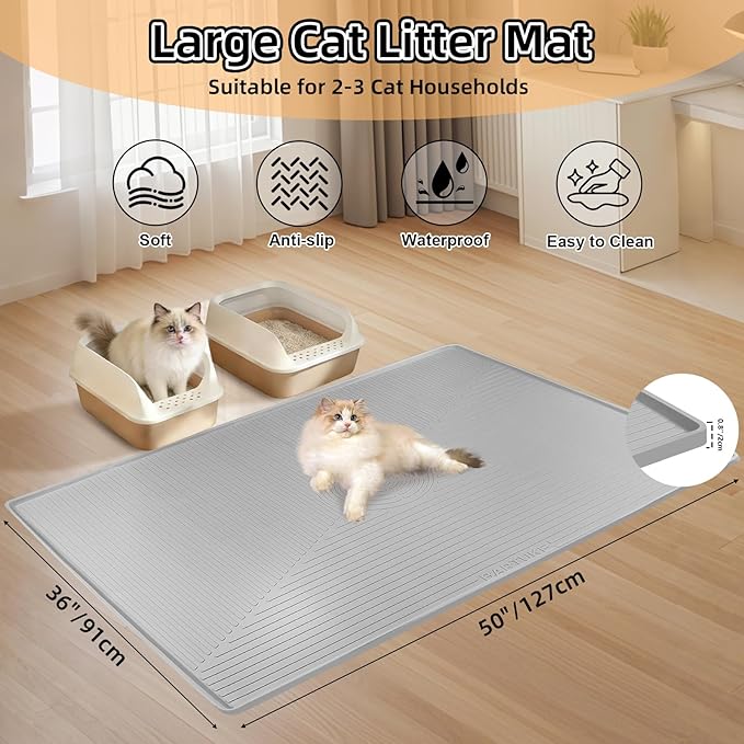 Silicone Cat Litter Mat, 50" x 36" Extra Large Litter Trapping Mat for Litter Box, Leak-Proof, Non-Slip, Kitty Litter Mats with Soft Texture for Floor, Keeping The Floor Clean (Light Grey)