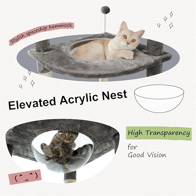 PEQULTI Floor to Ceiling Cat Tree 92.9’’-101.6’’ Height Adjustable Cat Tower Tall Kitty Climbing Play House with Scratching Posts, Cozy Condo, Perches and Large Hammock for Indoor Cats Gray