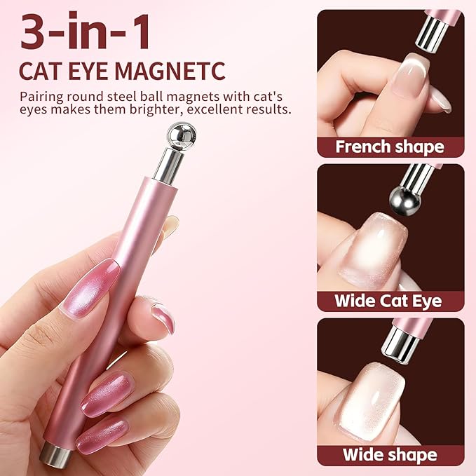 Cat Eye Magnet for Nails, 3-in-1 Cateye Magnet Nail Art Tool, Nail Magnet with Cylindrical & Ball Heads, Magnetic Nail Tool for Cat Eye Gel Polish, Multi Effect for DIY Home Salon Use