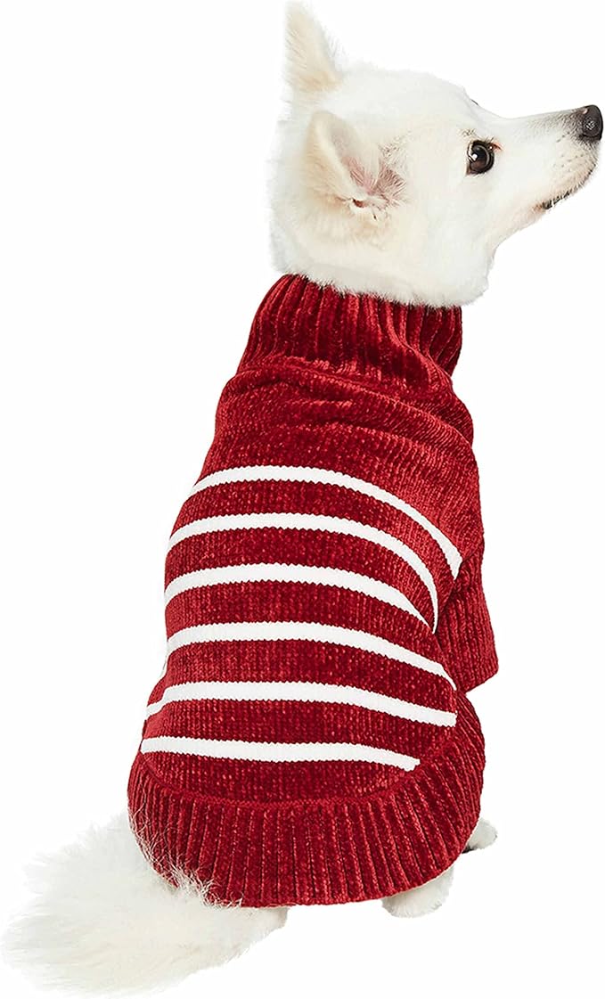 Blueberry Pet Cozy Soft Chenille Classy Striped Dog Sweater in Burgundy Red, Back Length 14", Pack of 1 Clothes for Dogs