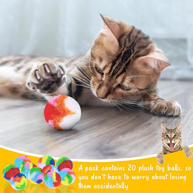 Deekin 20 Pcs Cat Pom Pom Balls Toy 1.6 Inch Kitty Yarn Puffs Assorted Color Plush Soft Balls Fuzzy Kitty Quiet Toy for Pet Cat