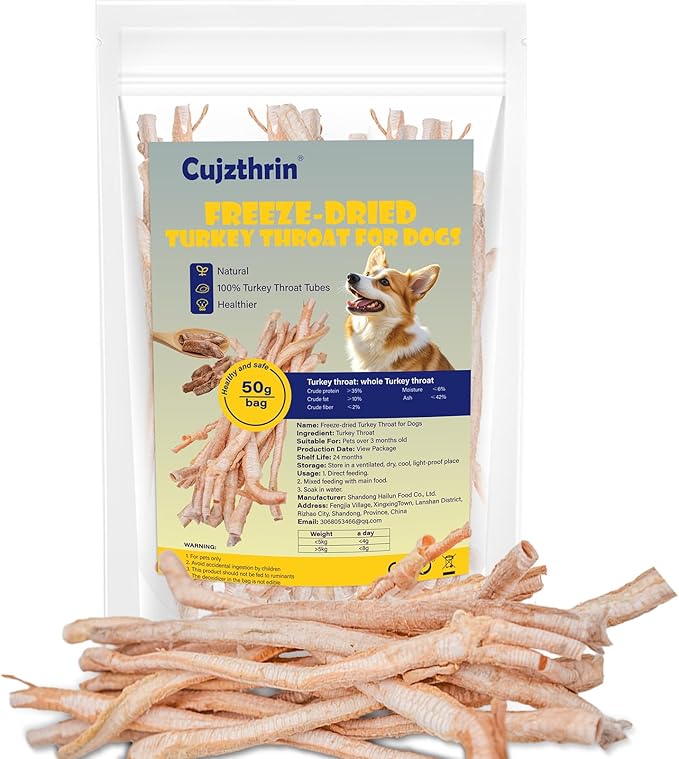 Freeze Dried Turkey Throat Cat and Dog Snacks, High Protein, Crunchy Single Ingredient Snacks, All Natural and Low Fat, Promotes Muscle Development