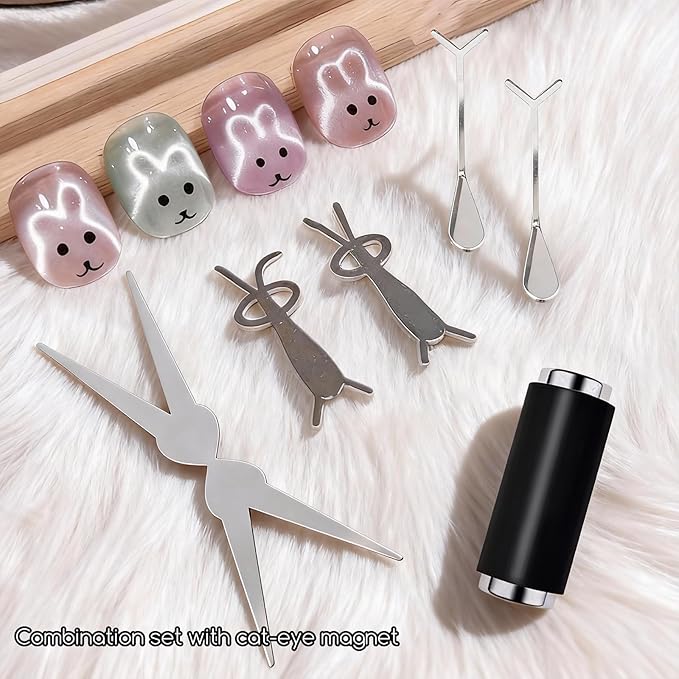 9pcs Cat Eye Magnet Set, 3-in-1 Heart Magnet for Nails, Strong Cylindrical Magnet with Scissor-Shaped/Y-Shaped Brackets/Bunny-Shaped Plates for French Heart Bunny Cat Eye Nail Art Effect